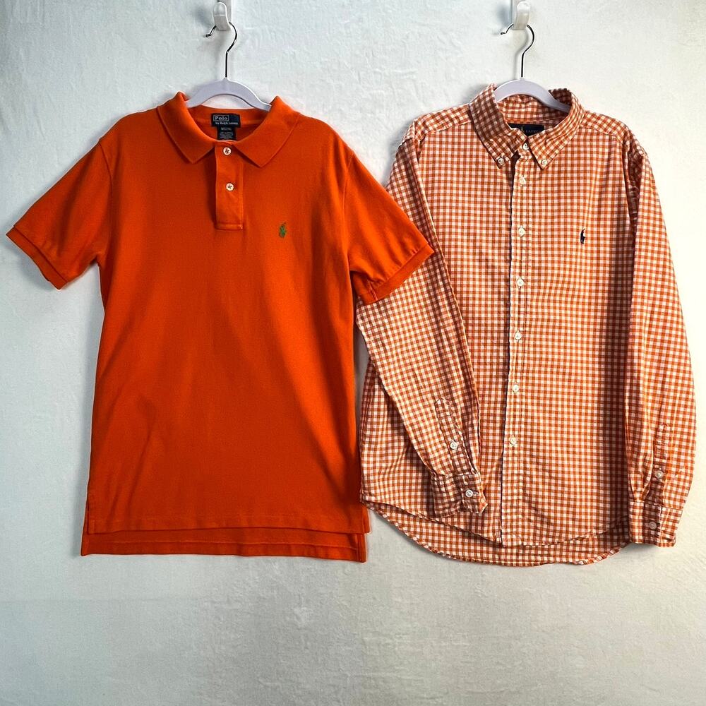 Ralph Lauren Lot Orange/ White Plaid Button Up & Orange Polo Shirt Boys 14